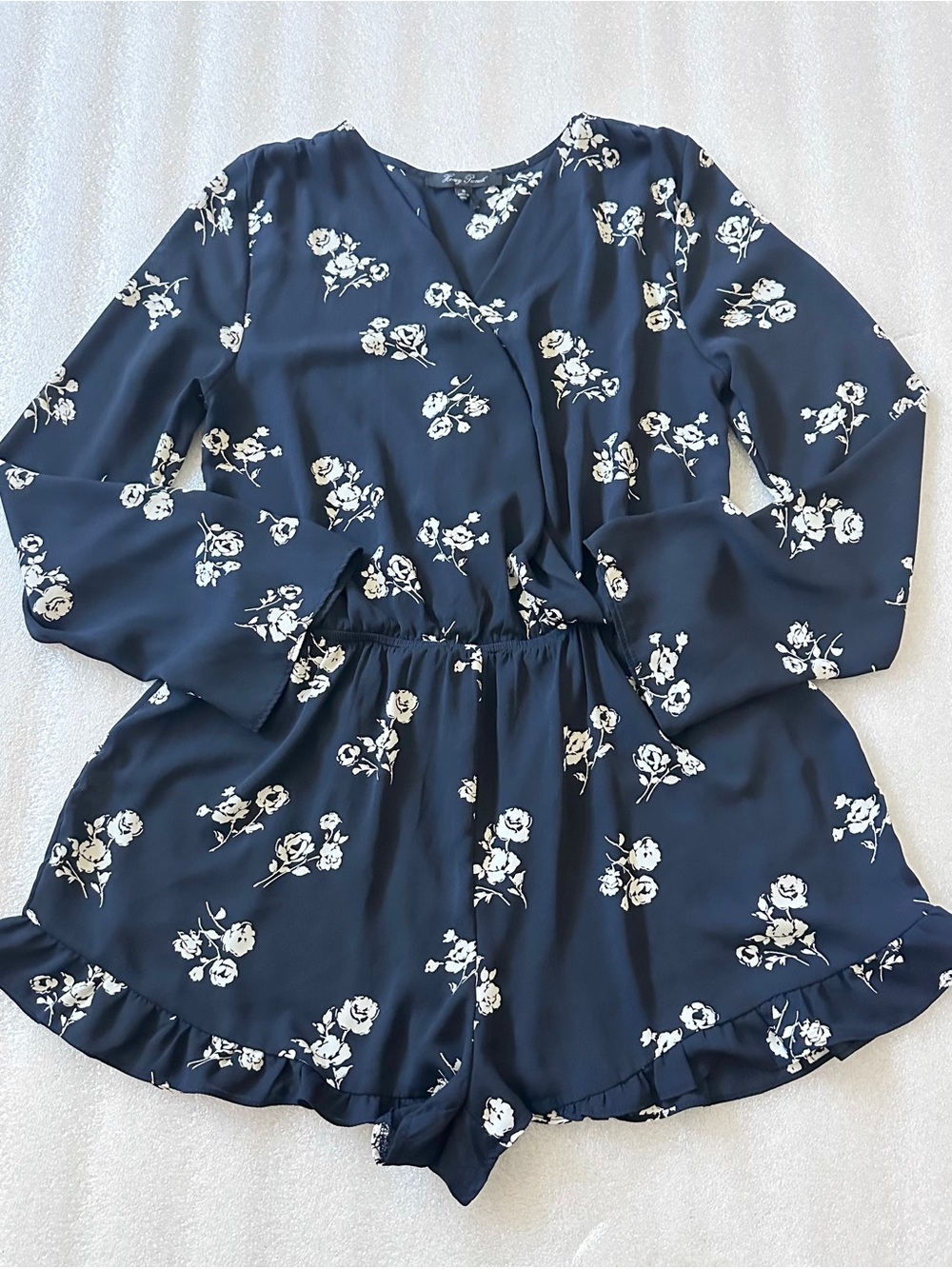 Honey Punch Navy and White Floral Long Sleeve Romper Dress SMALL